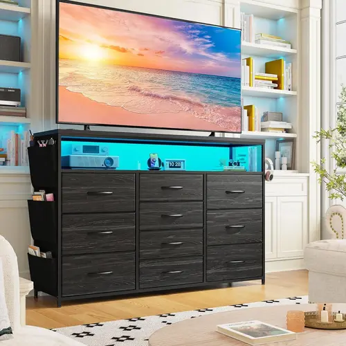 [Deal]RaybeeFurniture Dresser TV Stand with 10 Drawers,55" TV Stand for Bedroom with LED Lights & Power Outlets, Cute Vanity Dresser for Bedroom with Shelves & Side Pockets Sturdy Metal Frame & Wood Top