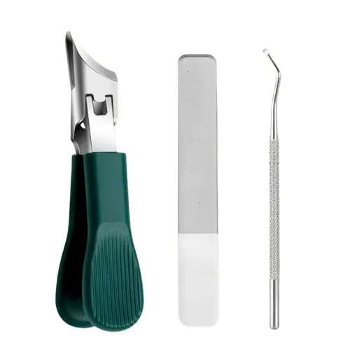 3-Piece Angled Nail Clipper Pedicure Tool Set - High-Grade Thick Hard Stainless Steel Trimmers, Large Opening, Splash-Proof, Ergonomic Comfort Grip, Multi-Functional Household Manicure Tool, Nail Care Self-Care Products