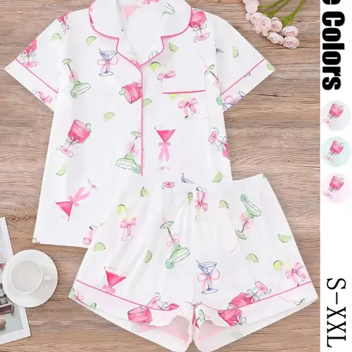 Women's All-Over Cocktail Print Button Front Shirt & Elastic Waist Shorts Pyjama, Casual Comfy Pjs Short Sleeve Top & Shorts Pajamas Set, Ladies Sleepwear for All Seasons, Loungewear, Casual Pajamas Outfit, Collared Sleepwear, Pajamas Home Wear