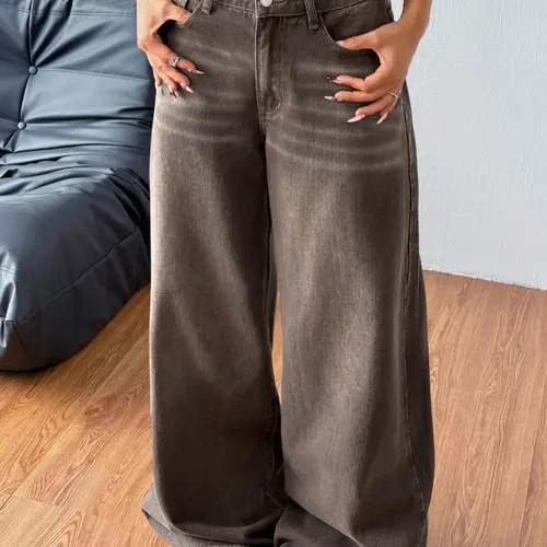 Women's Plain Pocket Wide Leg Jeans, High Waisted Baggy Loose Casual Comfy Denim Pants for Daily Wear, Ladies Bottoms for Summer