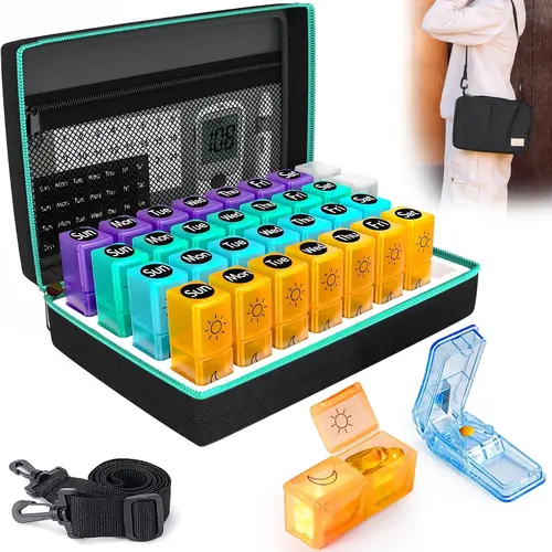 Monthly Pill Organizer 2 Times a Day, 30 Day Pill Box AM PM with Pill Cutter & Travel Pill Bag, Portable Soft One Month Pill Box Cases with Weekly Stickers, Convenient Medication & Vitamins Tracking