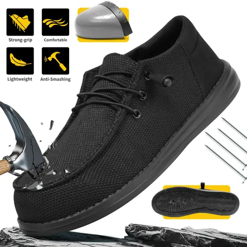Men's Steel-Toe Work & Safety Footwear, Slip-On Loafers - Lightweight, Comfortable, Non-Slip, Wear-Resistant Shoes for Construction Work, Summer Stylish Composite-Toe Sneakers