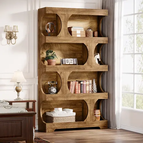 Tribesigns 71" Tall Bookcase, Modern Asymmetrical Bookshelf, 4-Tier Freestanding Display Shelf with Classic Shape, Large Library Book Shelf for Living Room, Home Office, Brown