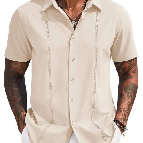 COOFANDY Mens Cuban Guayabera Short Sleeve Shirt Casual Summer Beach Tops Button Down Untucked Shirts