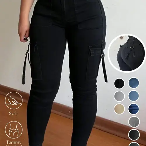 Women's Plain Multi-pocket Denim Elastic Slim Fit Button Cargo Pants, Casual Street Trousers for Everyday Wear, Ladies' Bottoms for All Seasons, Jeans, Womenswear