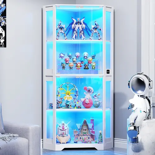 MIIFUNY Corner Display Cabinet with Glass Doors, 65" Lighted Curio Display Case with 3 Color Lights for Collectibles, 4-Tier Bookcase with Human Body Sensor for Living Room, White