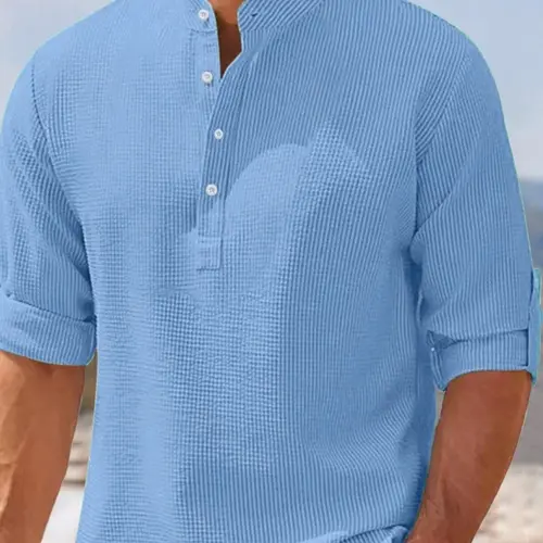 Men's Regular Fit Solid Color Waffle-Knit Jacquard Long Sleeve Tee, Casual Comfy Button-Front with Roll-Up Sleeves, Casual Summer Streetwear
