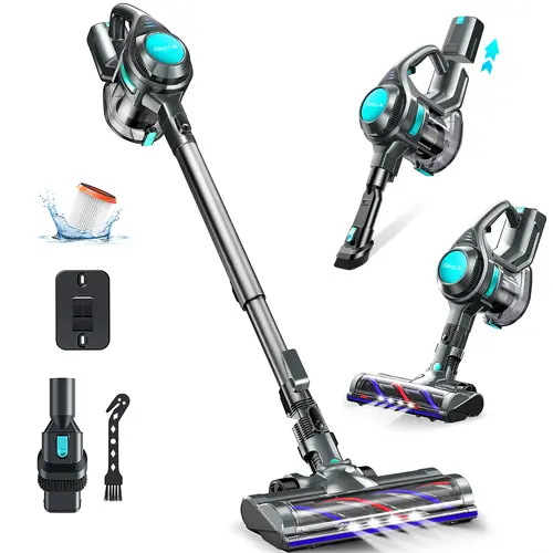 Qikcln Cordless Rechargeable Portable Stick Vacuum Cleaner VC05 - US Plug, Cordless Dust Suction, 23KPA Suction, HEPA Filter, Lightweight Bagless, 30 Mins Runtime, Dock Quick Recharge, 180° Swivel Reach, 1.3L Large Capacity for Hard Floors, Carpets