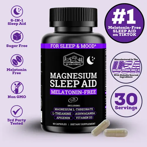 Black Forest Natural Organic Magnesium Supplement Capsules - 1695 MG 6-in-1 Synergistic Brain Health Blend, with Magnesium L-Threonate, Ashwagandha, L-Theanine, Apigenin, Black Pepper, Melatonin-Free, Sugar-Free, Non-GMO, 30 Servings, Dietary Supplement
