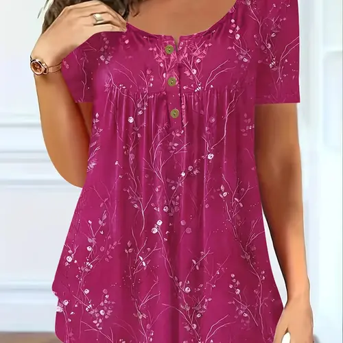 [Plus Size] Floral Print Short Sleeve Boho Tee, Fitted Casual Round Neck Button Front Top for Summer, Women's Clothing for Daily Wear, Womenswear, Short Sleeve Tops