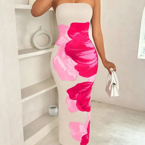 Women's Floral Print Strapless Bodycon Fit Dress, Elegant Elastic Polyester Blend Party Dress for Valentine's Day, Parties and Weddings