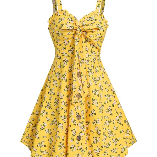 2026 Women's Summer yellow Dresses Allover Floral Pattern Ruffle Bowknot Empire Waist Vacation Dress Sleeveless Mini A Line Dress