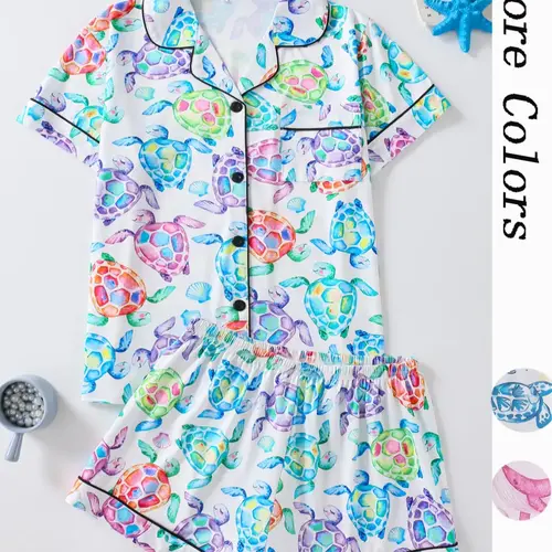 Women's Turtle Print Shirt & Shorts Pajama Two-piece Set, Casual Comfy Short Sleeve Top & Shorts Pajama Set, Ladies Summer Sleepwear & Loungewear Pjs, Nightwear Pajamas, Casual Fitted Nightwear
