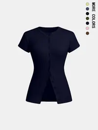 Women's Solid Color Button Basic Smooth Tee, Casual Short Sleeve Round Neck Fit T-shirt for Daily Wear, Ladies Clothes for All Seasons, Top