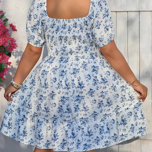 [Plus Size] Ditsy Floral Print Pocket Dress, Boho Fashion Casual Short Sleeve Dress for Daily Holiday Vacation Wear, Women Plus Clothing for Summer, Casual Boho Style