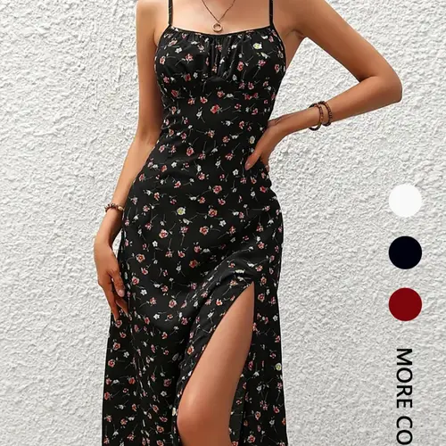 Women's Ditsy Floral Print Split Thigh Spaghetti Strap Cami Dress, Boho Casual Wear Fashion Fitted Sleeveless Midi Dress for Beach Holiday Vacation, Ladies Summer Clothes，Valentine, Bohemian, Casual Boho Sundress, Casual Boho Chic