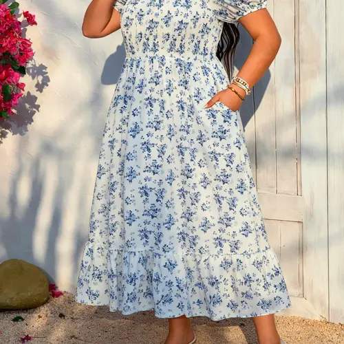 Plus Size Ditsy Floral Print Boho Long Dress with Pocket, Bohemian Fashion, Elegant Casual Sundress for Daily & Vacation Wear, Women's Summer Bohemian Dress