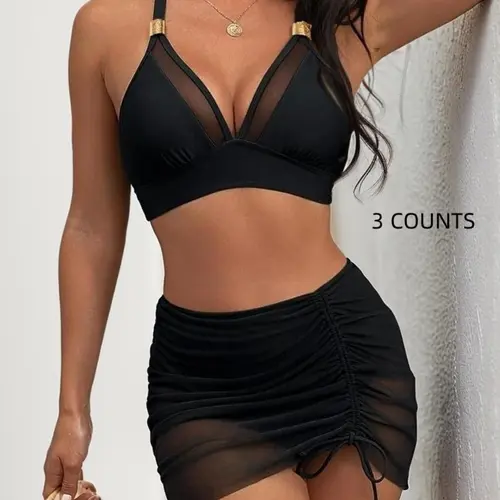 Three-Piece Women's Solid Color Swim Bra & Panty & Ruched Cover Up Skirt Bikini Set, Sexy Swimwear for Beach Holiday Vacation, Summer Swimsuit, Bathing Suit, Swimsuits Set