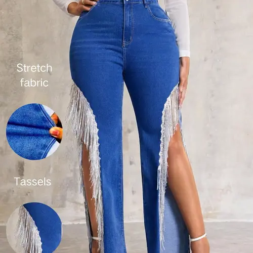 Women's Fringe Trim Denim Jeans, Casual Comfy Jeans for Daily Wear, Ladies Pants Bottoms for Summer, Cowboy Cut Jean, Denim Western Jeans