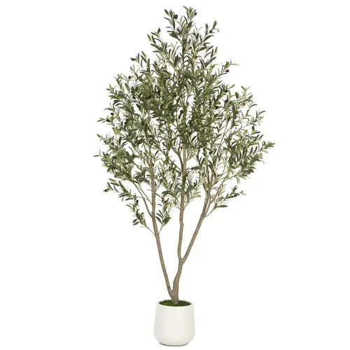 ROMSWI 5FT/6FT/7FT Artificial Olive Tree Faux Olive Plant Realistic Leaves Silk Tree with White Pot Planter Lifelike Green Leaves & Olive Fruits for Home Office Decor, Interior Outdoor Decoration