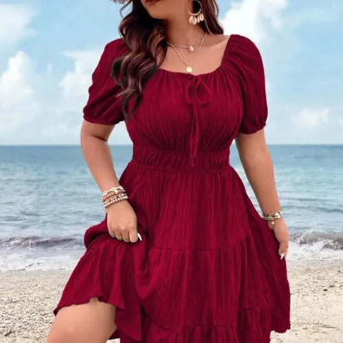 Plus Size Elegant Solid Tie Front Short Sleeve Dress, Summer Casual Beach Holiday Fashion Sundress for Women