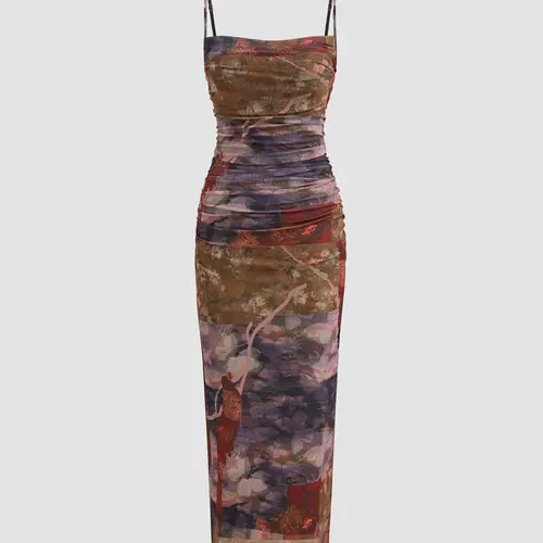 Vintage Floral Ruched Strap Sleeveless Summer Formal Dress, Summer Evening Gown, Fit Slim Womenswear
