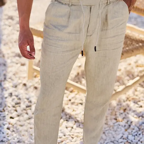 Men's Linen Pants, Pocket Drawstring Solid Color Plain Hip Hop Beach Sports Wide Leg Long Pants, Comfortable Versatile All-Season Wear Lightweight Trousers