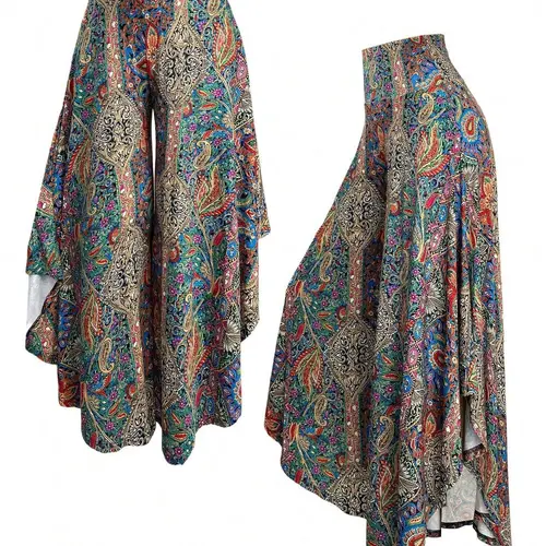 Plus Size Paisley Print Soft Wide Leg Pants, High Waist Belt Asymmetric Hem Palazzo Long Pants, Bohemian Vacation Casual Pants for Plus Size Women