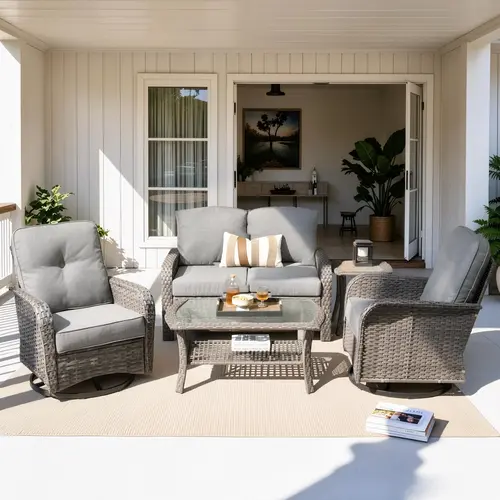 【Back To School】OVIOS 5-Piece Outdoor Patio Furniture Set with High-Back Swivel Rocking Chairs & Coffee Table, All-Weather Wicker Sofa Conversation Set with Cushions for Backyard, Patio, Porch, Deck & Garden
