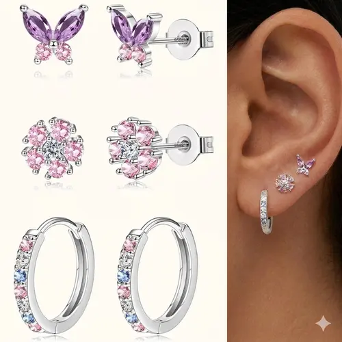 Women's 3-Pair 925 Sterling Silver Earrings Jewelry Set, Hypoallergenic Stacked Studs-Huggies-Hoops, Dainty Flower-Butterfly Designs for Casual Multiple Piercings (Silver/Gold Options)