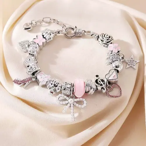 Cute Cartoon Charm Bracelet, Rhinestone Decorated Flower Design Bracelet, Fashionable Jewelry for Women, Trendy Versatile & Exquisite Jewelry for Birthday Gift, Floral Charm Bracelets