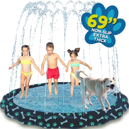 SplashEZ Unisex Kids Non-Slip Foldable Splash Pad with Sprinkler, 69in Extra Large Water Play Area, Paws & Bones Safe Backyard Play Fun Toy for Ages 1-8, Water Fun, Fold & Store Fast, Pvc Material, Extra-Thick
