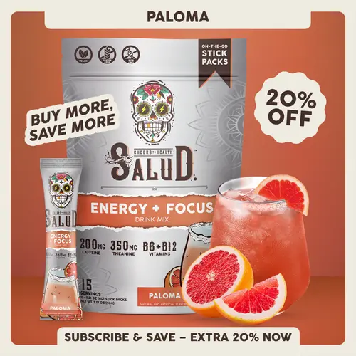 Salud 2-in-1 [Energy + Focus - Paloma] Clean Energy Drink Mix, Agua Fresca, Organic Caffeine, B6 & B12, L-Theanine, Drink Packets, Non-GMO, Gluten Free, Vegan, Low Calorie, 1g Sugar (15 Servings)