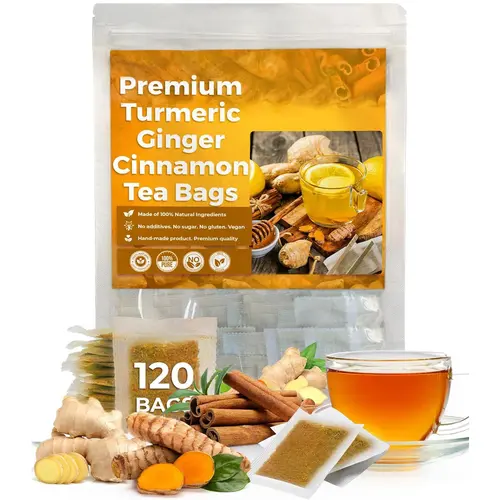 Premium Turmeric Ginger Cinnamon Tea Bags - 120 Count - 100% Natural Ingredients - Handmade Vegan Chinese Herbal Blend - No Additives Sugar Gluten Caffeine, Beverage, Wellness Tea, Cinnamon Flavor Fruit & Herbal Tea