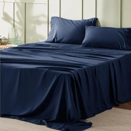 Bedsure 4-Piece Comfy Fitted Sheet Set - 14in Breathable Plain Weave Cooling Polyester Microfiber, Soft Wrinkle Resistant, Hotel Luxury, Fading-Resist Dye, Easy-Care Machine-Washable Ruched Elegance Bedding for Adults