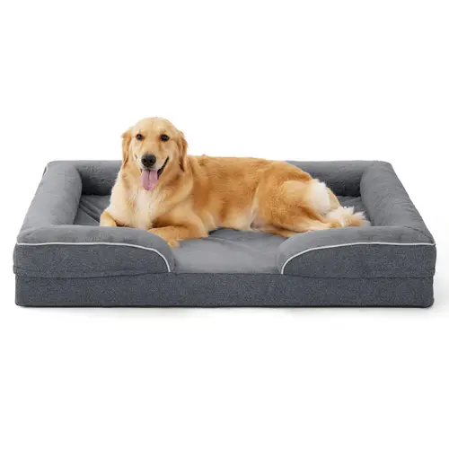 MADE 4 PETS Large Plain Contemporary Orthopedic Dog Bed - Certified Safe Egg-Crate Polyurethane Foam, OEKO-TEX 100 Fur, Soft Faux Fur Wrap, Waterproof Liner, Zip-Off Wash Cover, Non-Slip Stays Put on Floors, 4-Sided Bolster for Joint Support Kennel Use