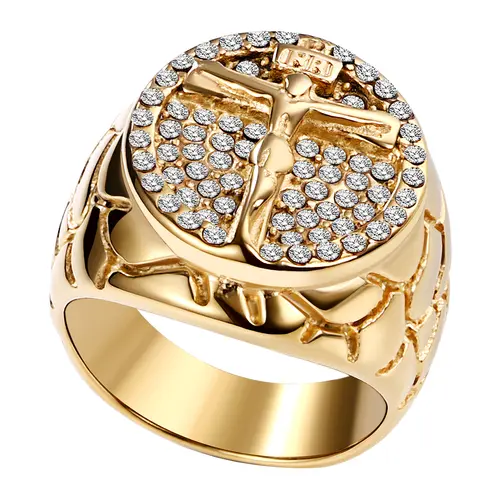 OIDEA Iced Out Male Religious Motif Signet Ring - Gold-Tone Stainless Steel, Zircon Inlay Signet Band, Men's Jewelry, Biker Statement Gift for Daily Wear summerwins,summerwins