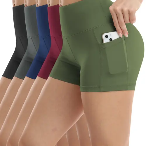 CHRLEISURE 3/4/5-Piece Set Of Solid Color Women's High Waisted Cycling Shorts With Pockets For Exercise And Yoga Short Leggings Gymclothes bikershorts