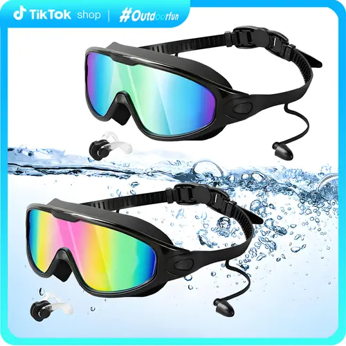 [Deals For You] 2 Pack Swim Goggles for Adults & Kids – Anti-Fog UV Protection Lenses with Earplugs & Nose Clip, Comfortable Waterproof Fit for Swimming Training Outdoorfun Use