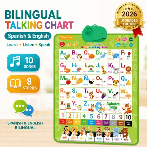 Kids' English-Spanish Alphabet Poster - Bilingual ABC & Basic Vocabulary Learning Toy with Number Chart, Supports Spanish Speak & Listen Skills for Early Education, Language Learning,back to school