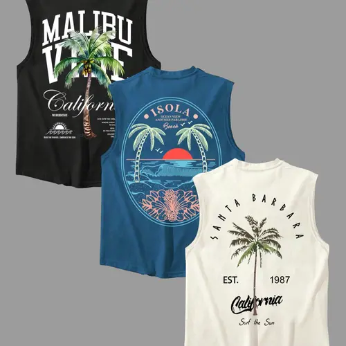 Men's Letter & Palm Tree Print Tropical Round-Neck Tank Top, Regular-Fit Casual Graphic Sleeveless Vest for Summer Daily Wear and Workouts