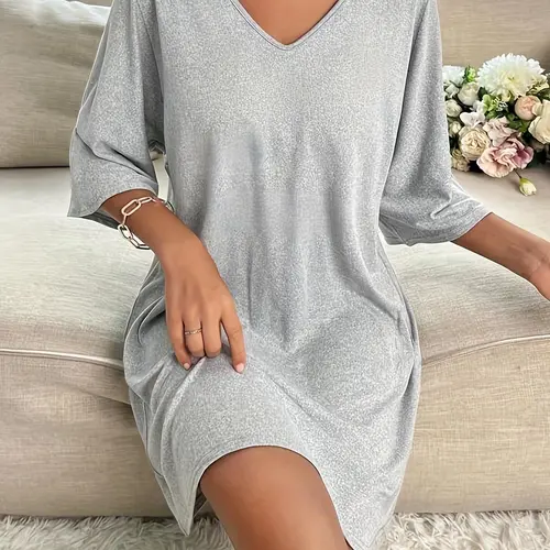 Women's Solid Color V Neck Nightdress, Casual Soft Comfortable Nightgown for All Seasons, Ladies Sleepwear for Indoor Wear, Glam Lounge Wear, Nightwear Loungewear, Nighty Dress, Nightgown Gifts
