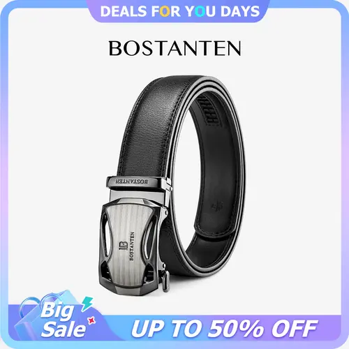 BOSTANTEN Men's Cow Hide Leather Belt - Easy-Release Automatic Buckle, Trim-to-Fit Textured Stretch Band, Fashion Accessory for Dress & Casual Use, Ideal Gift, Belts, Adjustable,clothes for back to school,first day of school outfits