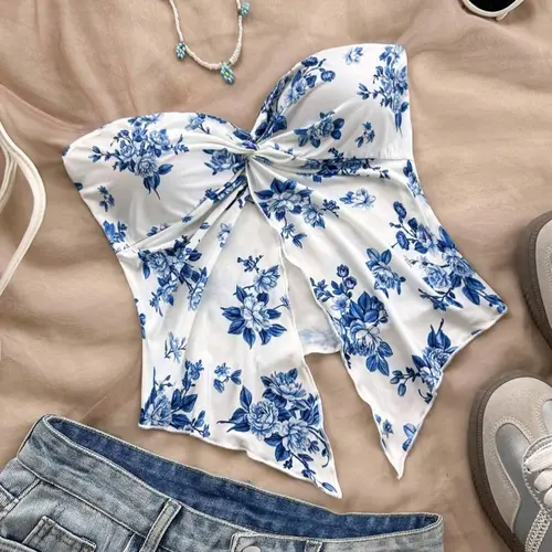 Floral Print Tank Top, American Vacation Style, Strapless Knot Design, Asymmetrical Hem, Elastic Slim Fit, Perfect for Beach, Shopping, Parties