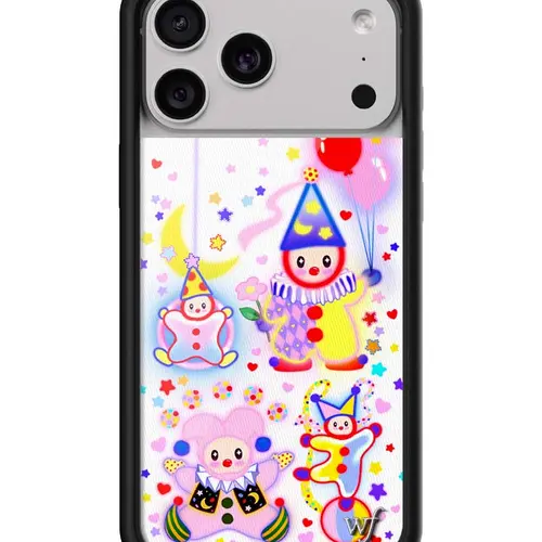 Clown Around | Limited Edition iPhone Case | Raised Protective Black Bumper | Women Owned Small Business | Cute Colorful Vibrant Clowns and Balloons Stars and Moon | Safety Casing Protective | Cellphone Cute Aesthetic