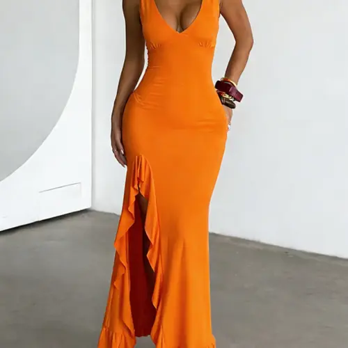 Women's Feminine Plain Tank Ruffle Fit Dress, Solid Color Sleeveless Split Hem Slit Dress for Casual Party Club Dating Wear, Ladies Summer Clothes