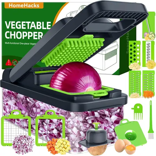HOMEHACKS 14-in-1 Multifunctional Meat Vegetable Cutter - Manual Cheese Shredder, Modern Potato Cutter, 7 Blades (2 Chopper Blade Sizes), Included Container, Secure Riveted Cuts, Scrape+Brush Cleanup, Practical Kitchen Utensils, Food-Grade ABS Tool