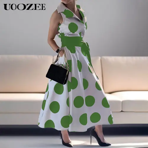 UOOZEE Women's Elegant Polyester Polka Dot Maxi Dress - Fitted Sleeveless Strap A-Line Shirt Dress with Belt Waist, Side Split, Pocket, Machine Washable for Everyday Casual Wear