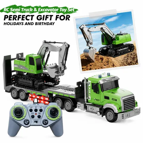 RC Semi Truck & Excavator Toy Set, 1:12 Removable and Rechargeable Remote Control Flatbed Trailer Truck with Lights & Sound, 2.4GHz RC Construction Vehicles for Kids,Surprise Gift, Parent-Child Interaction,back to school