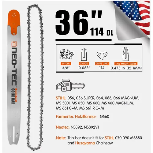 NEOTEC 36'' Chainsaw Guide Bar & SawChain Replacement Kit, 3/8" Pitch, 0.063" Gauge, 114DL, for Farmertec Holzfforma G660, Chain Saw Accessories, NS892 Series, Farm Use Wood Cutting, Chainsaw Attachment for Mowers & Outdoor Power Tools